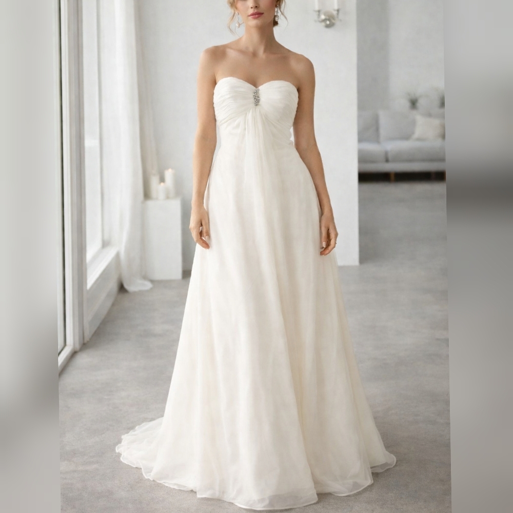 Galina Ivory Chiffon Strapless Empire Waist Wedding Dress sz 8